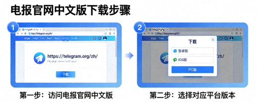 电报官网中文版下载步骤截图：访问官方网站与选择版本，针对安卓iOS和PC平台