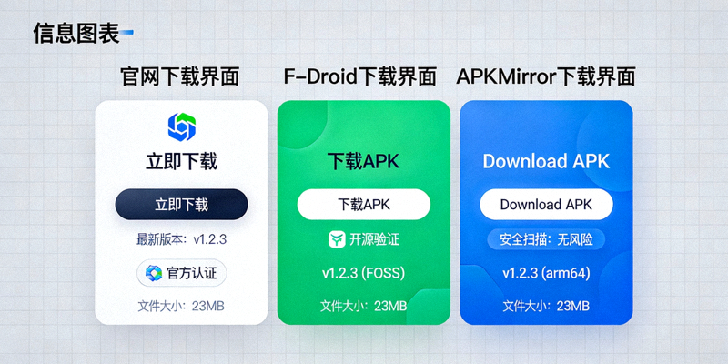 对比官网、F-Droid、APKMirror等第三方应用商店下载界面的示意图