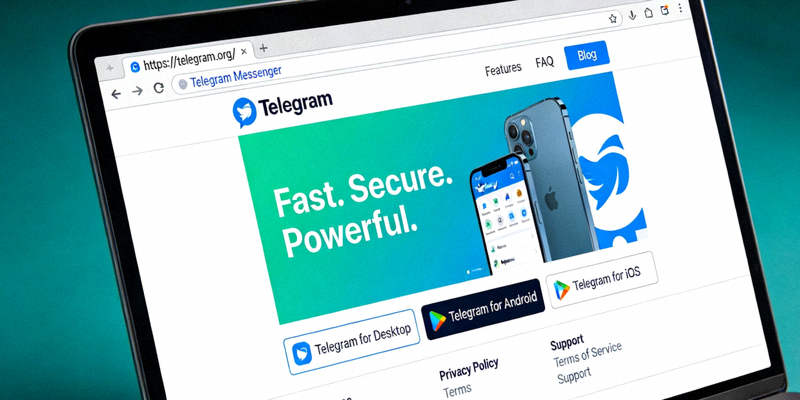 访问Telegram官方网站的浏览器界面截图，展示官网布局与下载选项