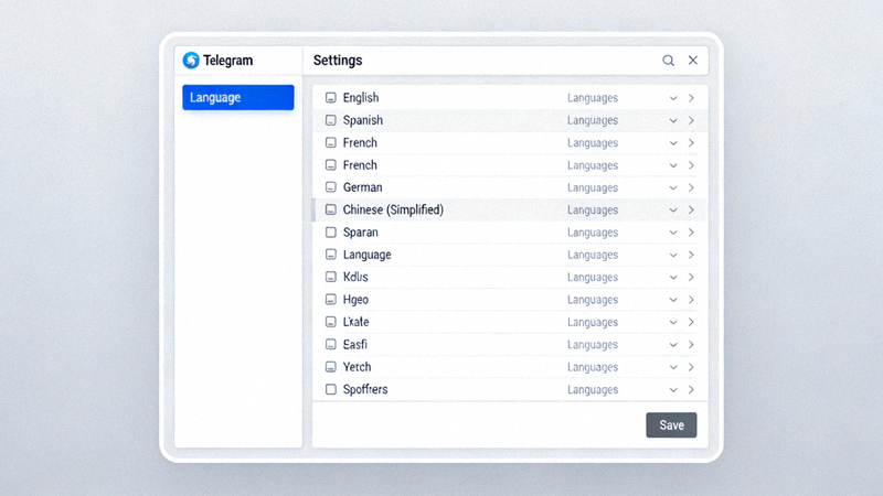 Telegram电脑版设置菜单中Language选项被打开，显示语言列表的界面