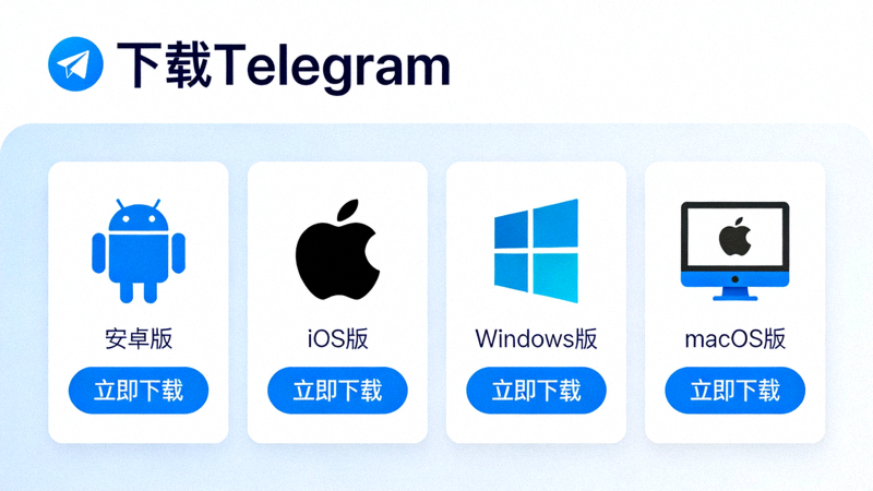 Telegram官网下载页面，展示安卓、iOS、Windows、macOS等多个平台下载选项