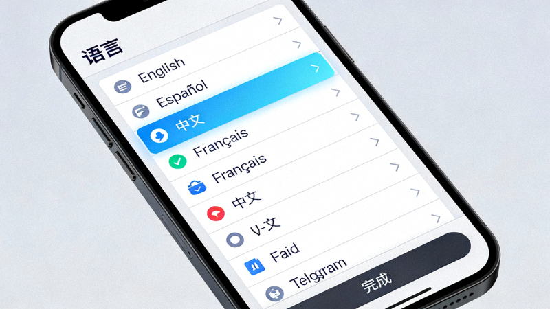 Telegram手机APP设置菜单中语言选择界面截图，高亮中文选项