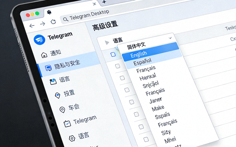 Telegram桌面版高级设置菜单截图：突出显示语言选择下拉框